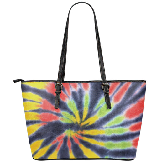 Black Backed Spiral Tie Dye Print Leather Tote Bag