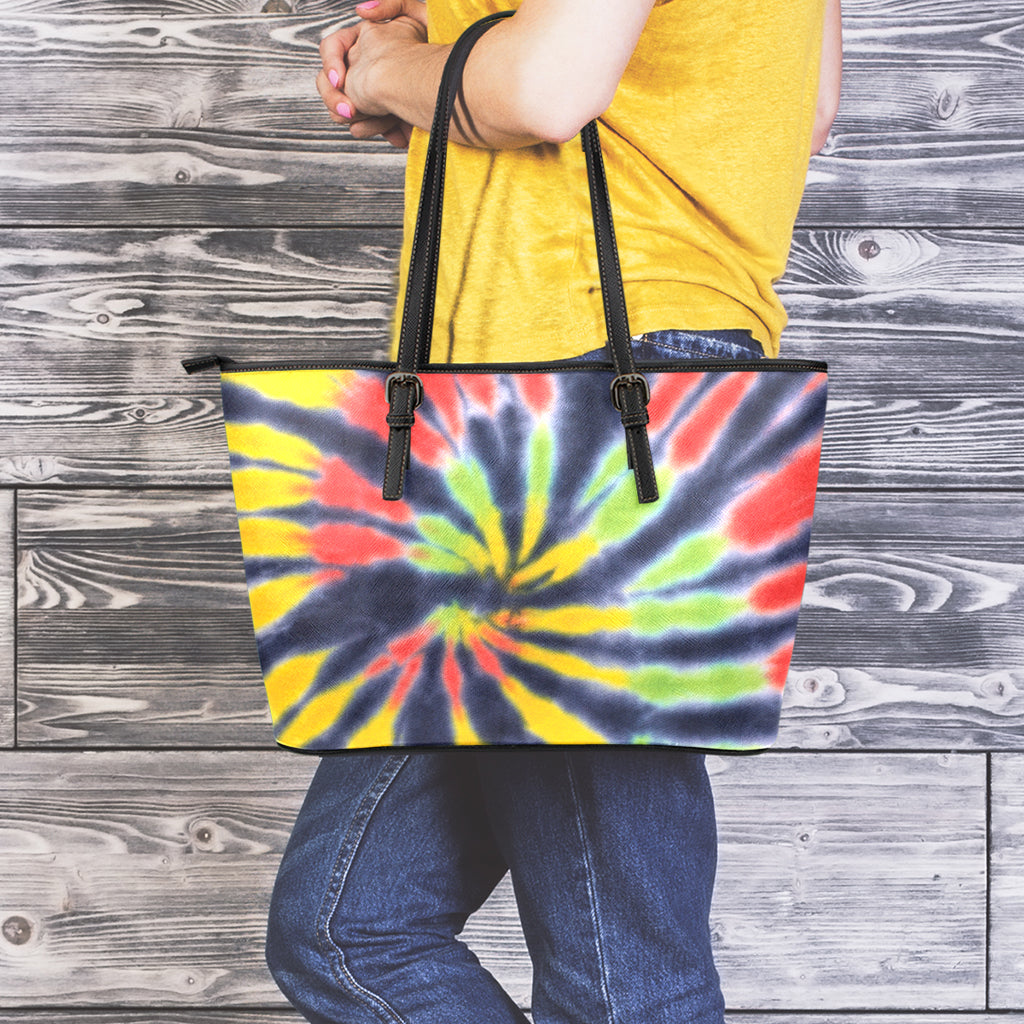 Black Backed Spiral Tie Dye Print Leather Tote Bag