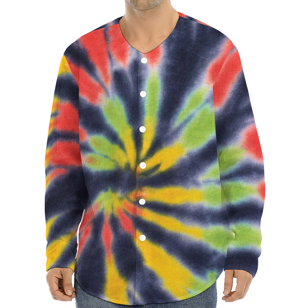 Black Backed Spiral Tie Dye Print Long Sleeve Baseball Jersey