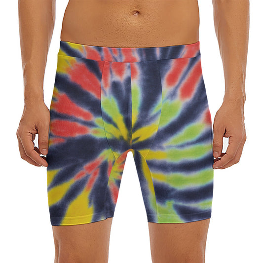Black Backed Spiral Tie Dye Print Men's Long Boxer Briefs