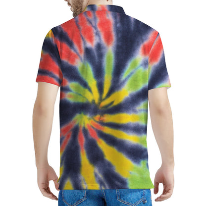 Black Backed Spiral Tie Dye Print Men's Polo Shirt