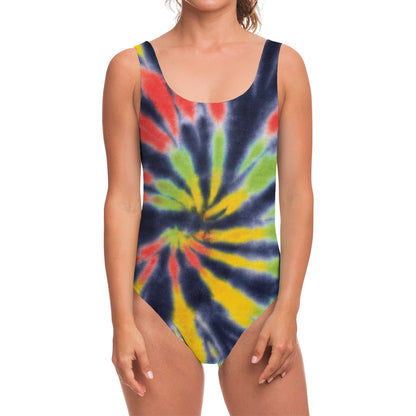 Black Backed Spiral Tie Dye Print One Piece Swimsuit