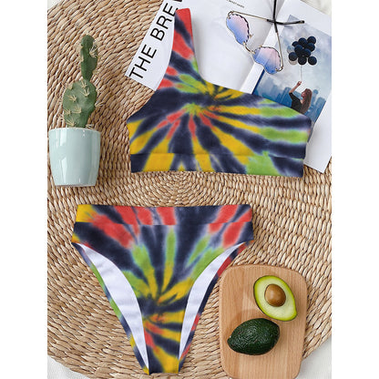 Black Backed Spiral Tie Dye Print One Shoulder Bikini Top