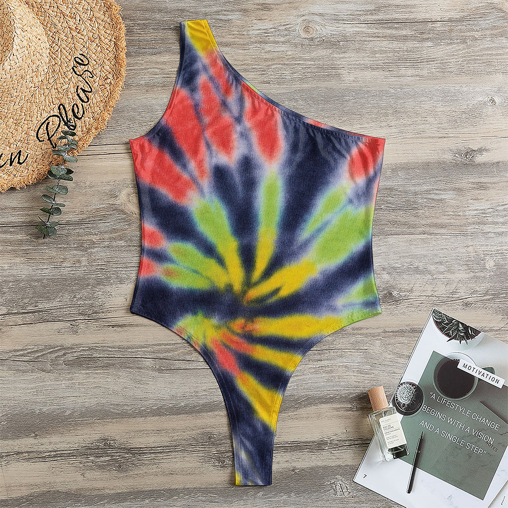 Black Backed Spiral Tie Dye Print One Shoulder Bodysuit