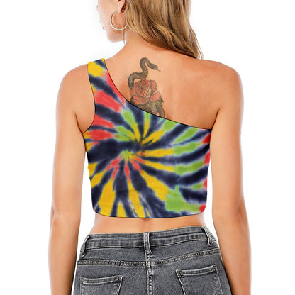 Black Backed Spiral Tie Dye Print One Shoulder Crop Top