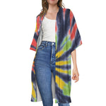 Black Backed Spiral Tie Dye Print Open Front Beach Cover Up