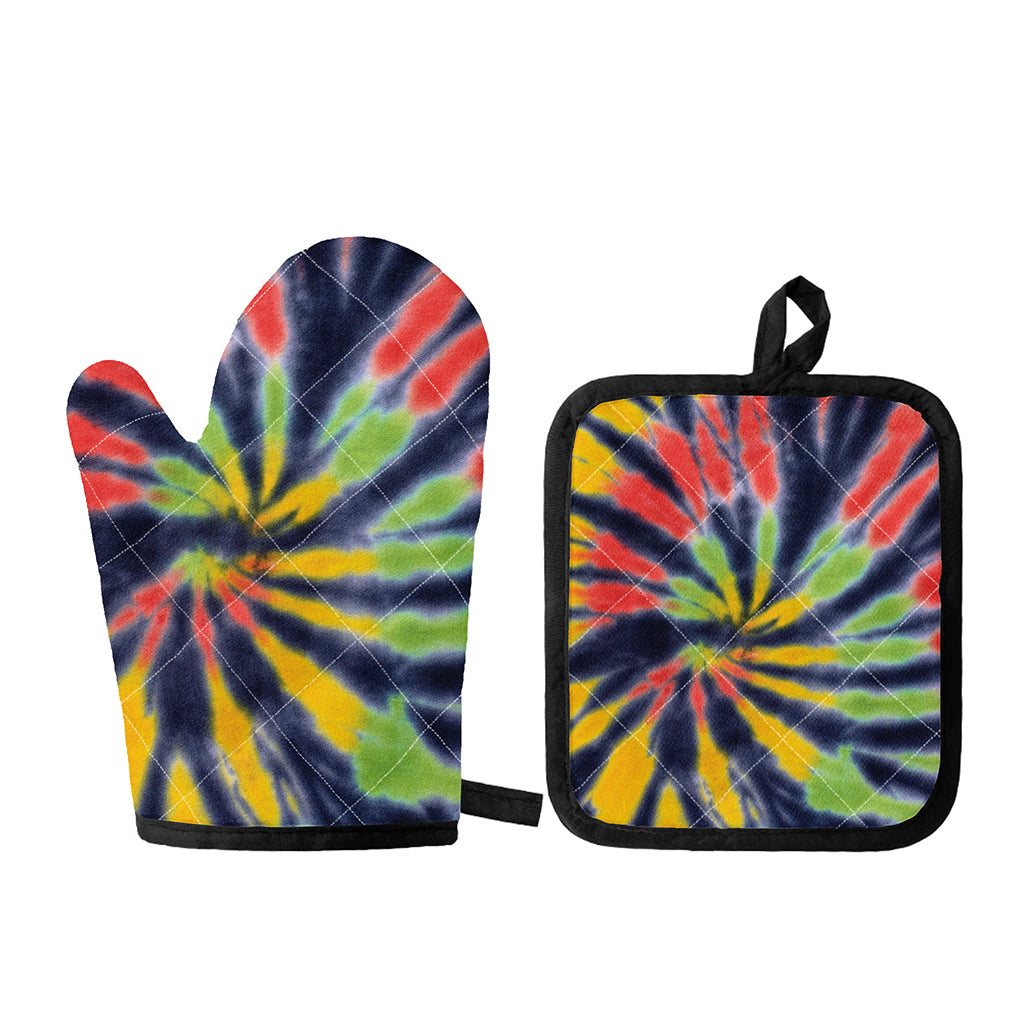 Black Backed Spiral Tie Dye Print Oven Mitt And Pot Holder Set