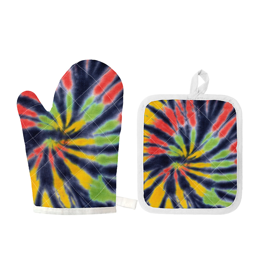 Black Backed Spiral Tie Dye Print Oven Mitt And Pot Holder Set