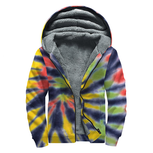 Black Backed Spiral Tie Dye Print Sherpa Lined Zip Up Hoodie