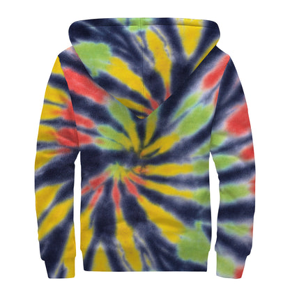 Black Backed Spiral Tie Dye Print Sherpa Lined Zip Up Hoodie