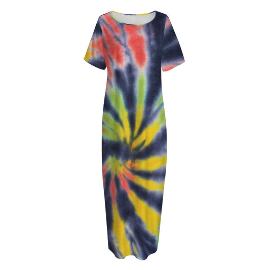 Black Backed Spiral Tie Dye Print Short Sleeve Long Nightdress
