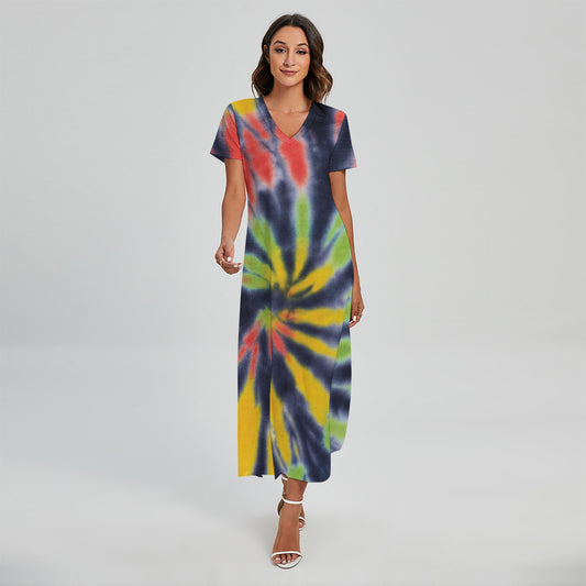 Black Backed Spiral Tie Dye Print Short Sleeve Maxi Dress