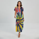 Black Backed Spiral Tie Dye Print Short Sleeve Maxi Dress