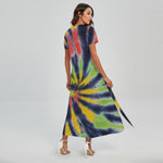 Black Backed Spiral Tie Dye Print Short Sleeve Maxi Dress