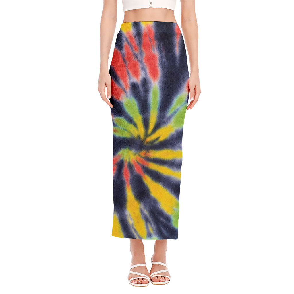 Black Backed Spiral Tie Dye Print Side Slit Maxi Skirt