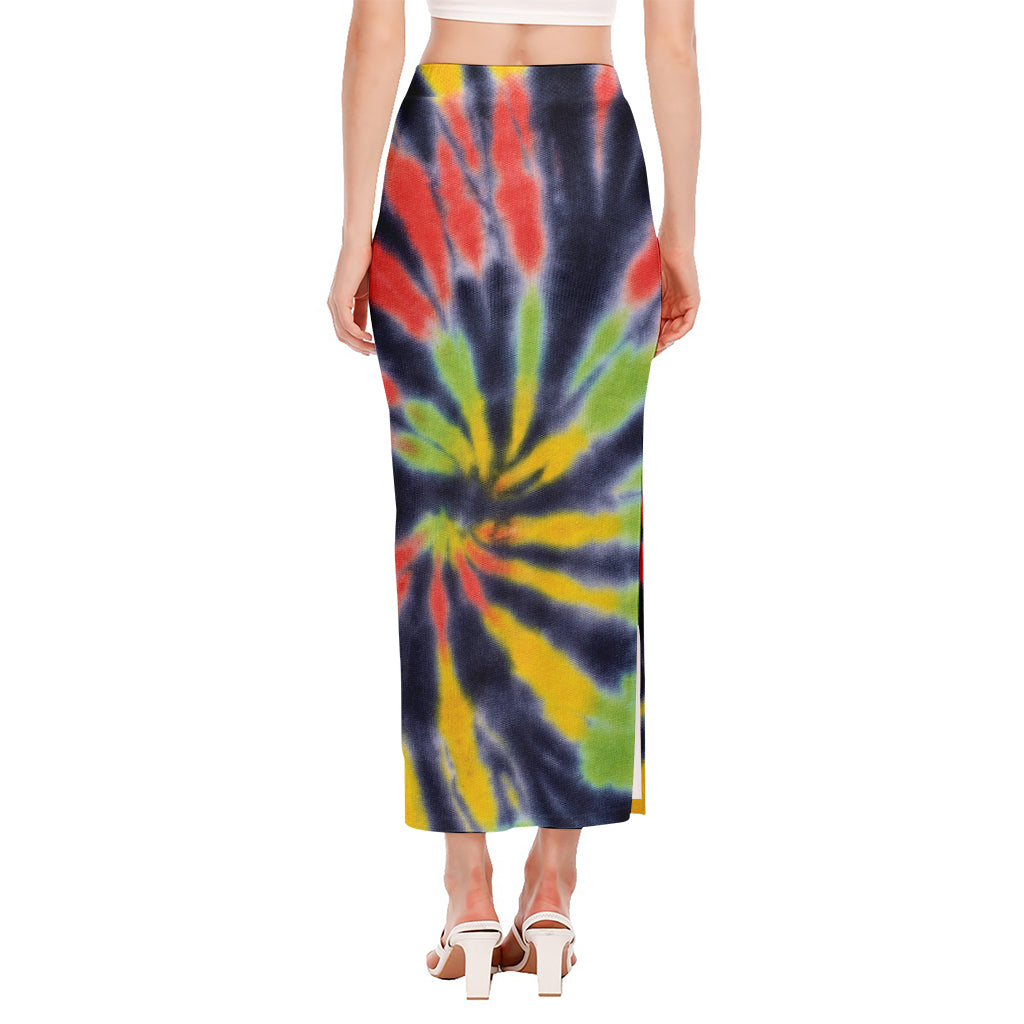 Black Backed Spiral Tie Dye Print Side Slit Maxi Skirt