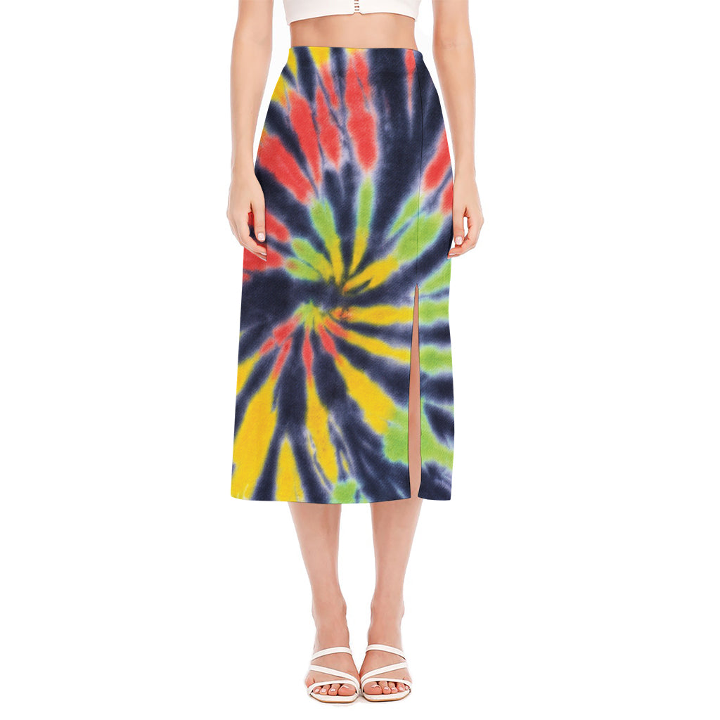 Black Backed Spiral Tie Dye Print Side Slit Midi Skirt
