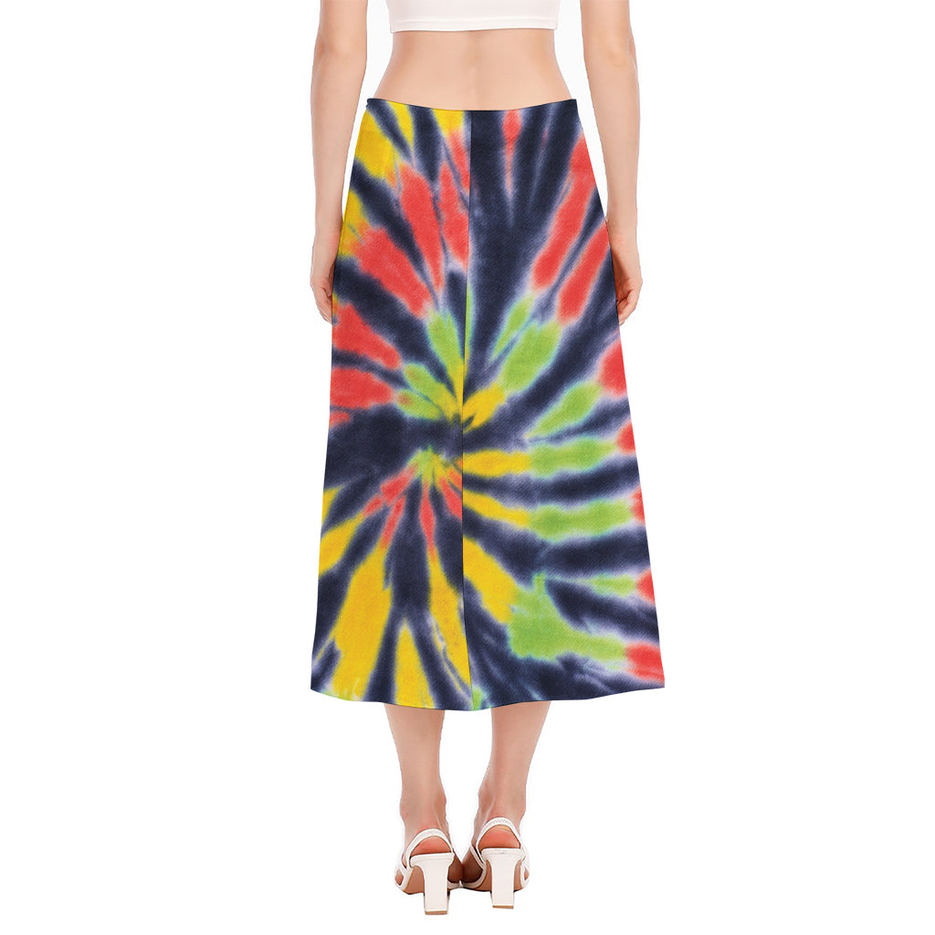 Black Backed Spiral Tie Dye Print Side Slit Midi Skirt