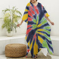 Black Backed Spiral Tie Dye Print Silk V-Neck Kaftan Dress