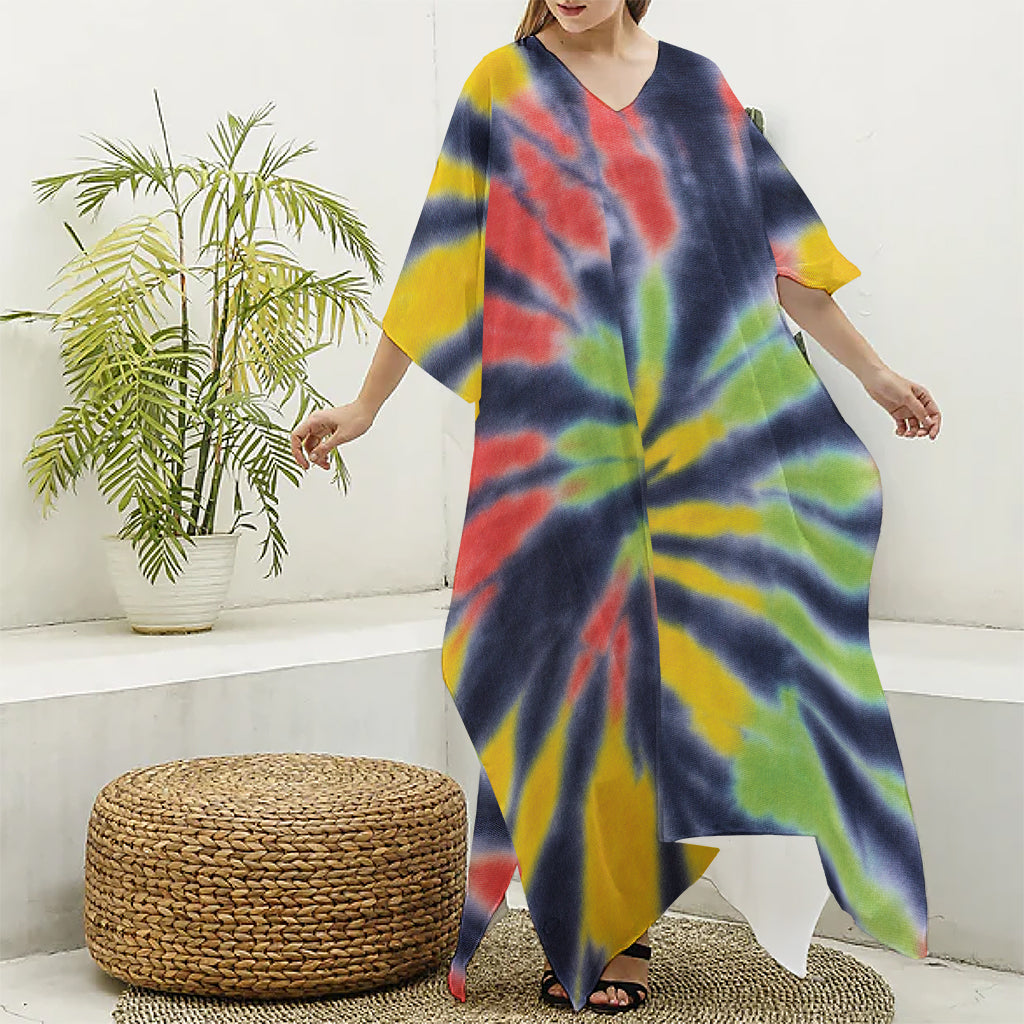Black Backed Spiral Tie Dye Print Silk V-Neck Kaftan Dress