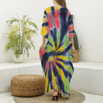Black Backed Spiral Tie Dye Print Silk V-Neck Kaftan Dress
