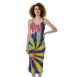 Black Backed Spiral Tie Dye Print Slim Fit Midi Cami Dress