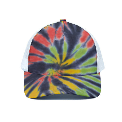 Black Backed Spiral Tie Dye Print White Mesh Trucker Cap