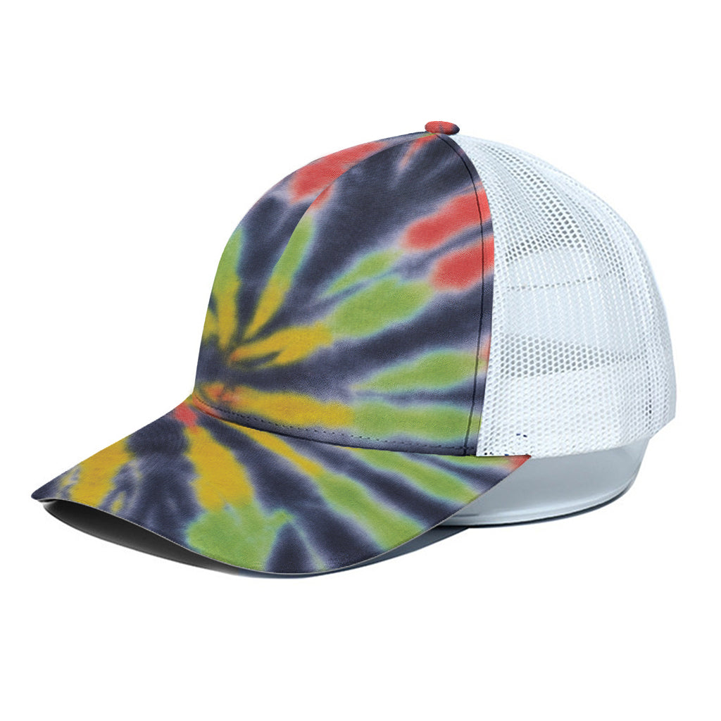 Black Backed Spiral Tie Dye Print White Mesh Trucker Cap