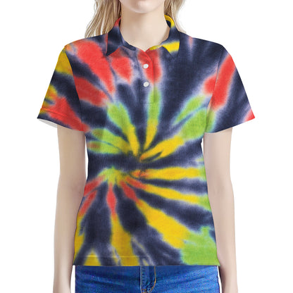 Black Backed Spiral Tie Dye Print Women's Polo Shirt