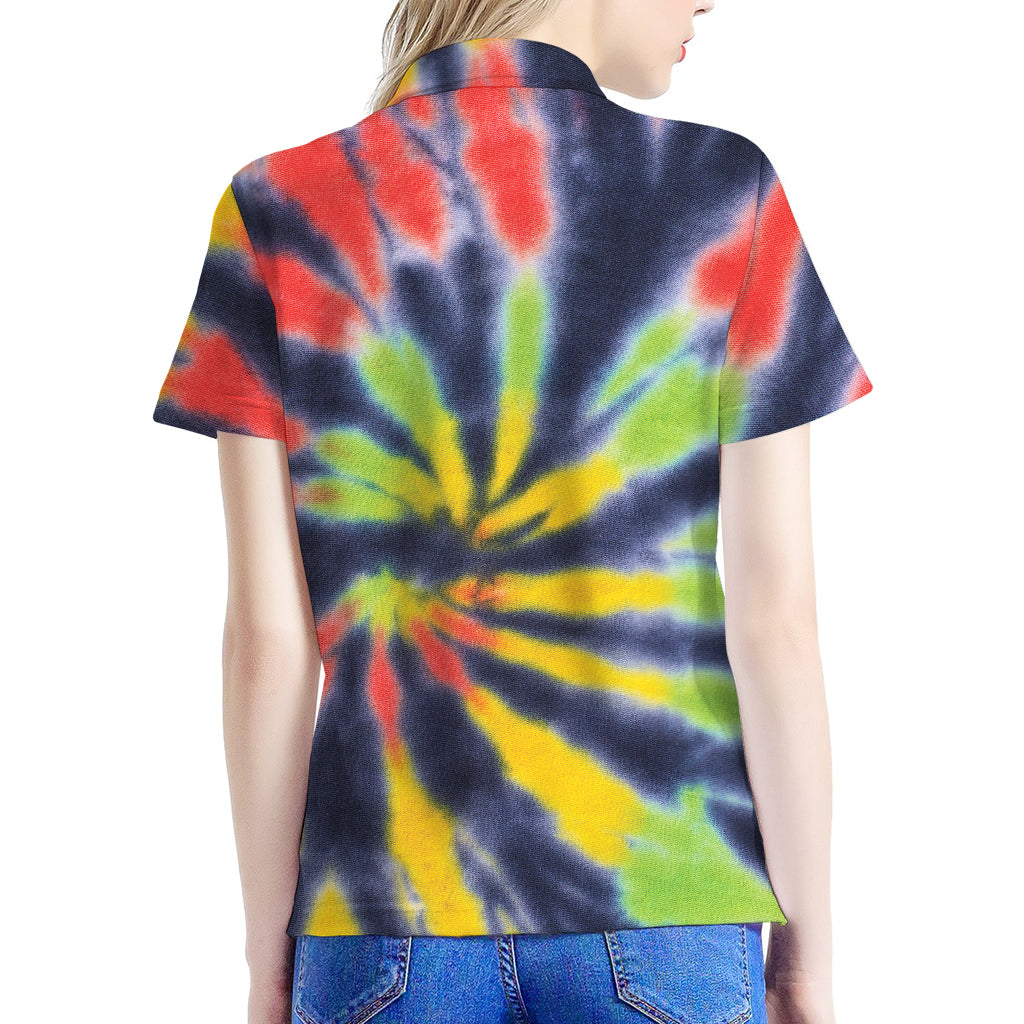 Black Backed Spiral Tie Dye Print Women's Polo Shirt
