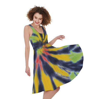 Black Backed Spiral Tie Dye Print Women's Sleeveless Dress