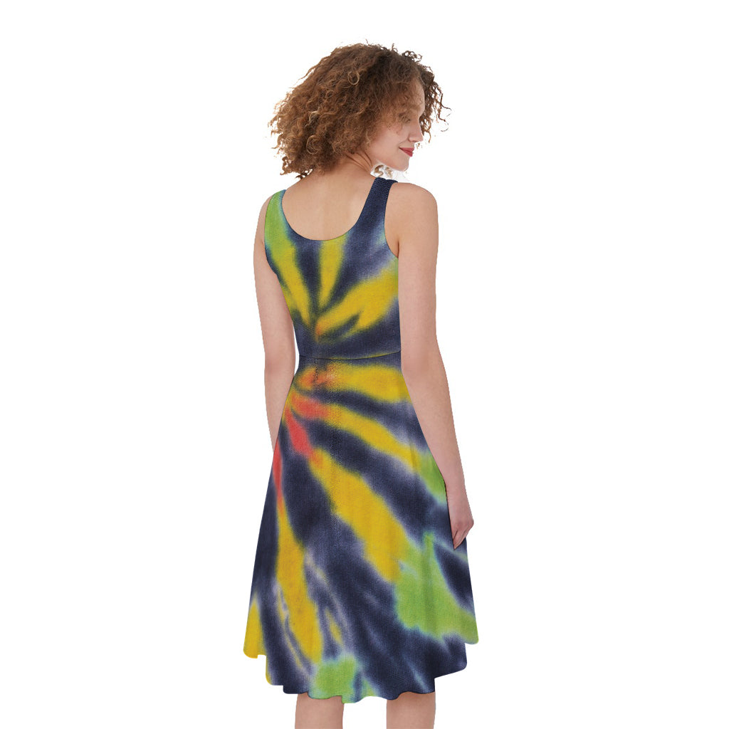 Black Backed Spiral Tie Dye Print Women's Sleeveless Dress
