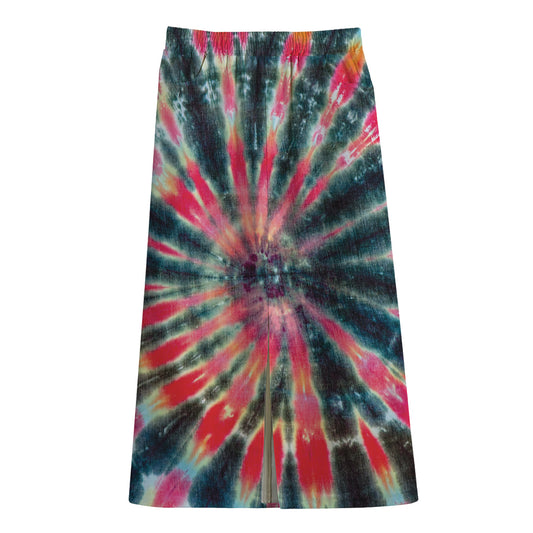 Black Backed Tie Dye Print Cotton Front Slit Maxi Skirt