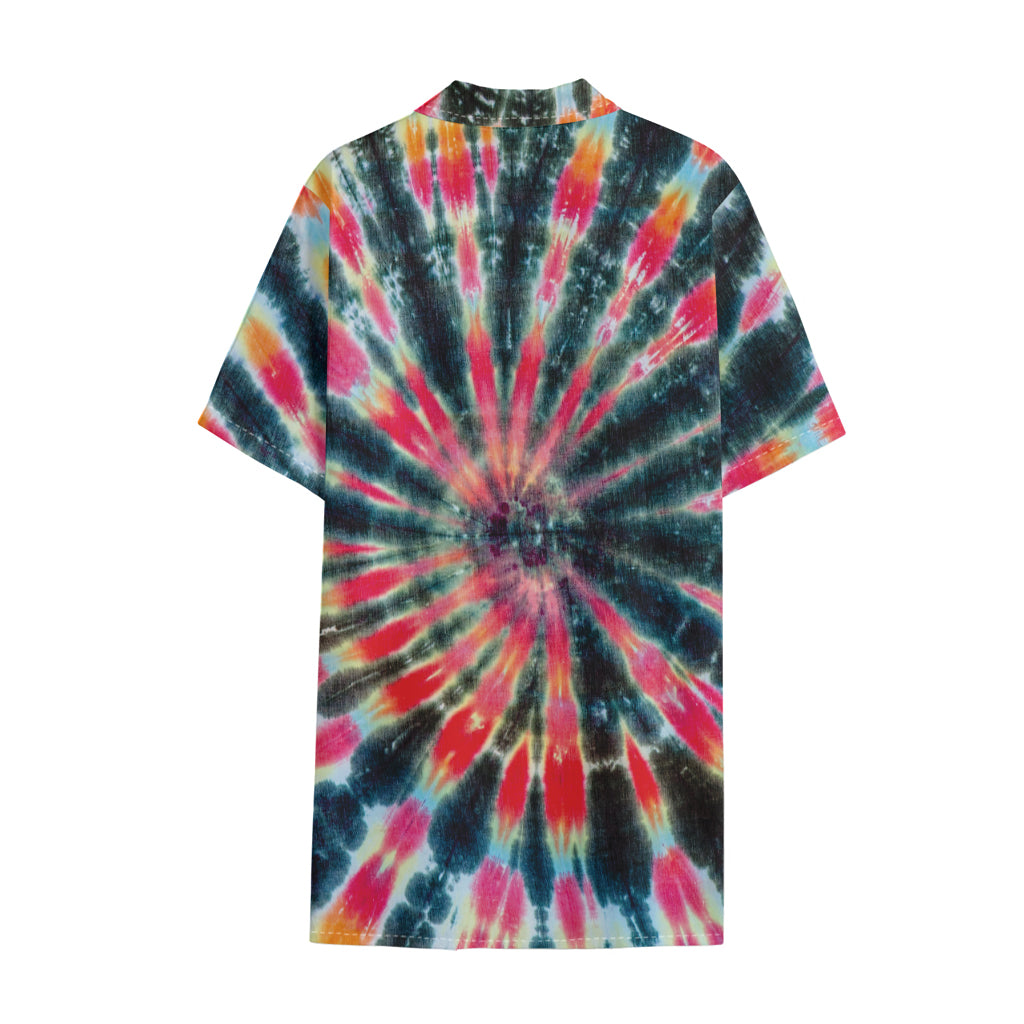Black Backed Tie Dye Print Cotton Hawaiian Shirt