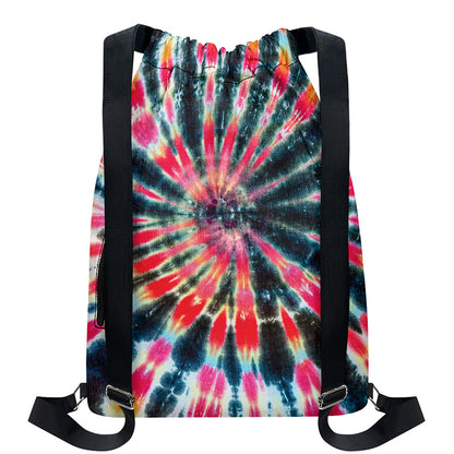 Black Backed Tie Dye Print Drawstring Backpack
