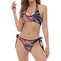 Black Backed Tie Dye Print Halter Scoop Tie Side Bikini