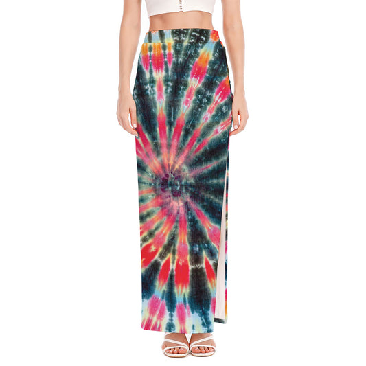 Black Backed Tie Dye Print High Slit Maxi Skirt