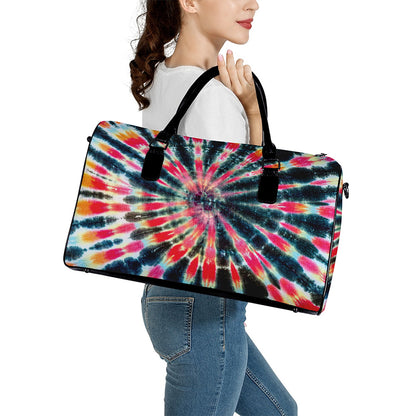 Black Backed Tie Dye Print Leather Duffle Bag