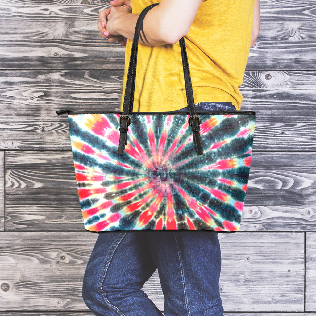 Black Backed Tie Dye Print Leather Tote Bag