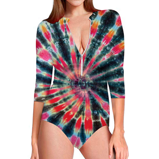 Black Backed Tie Dye Print Long Sleeve Swimsuit