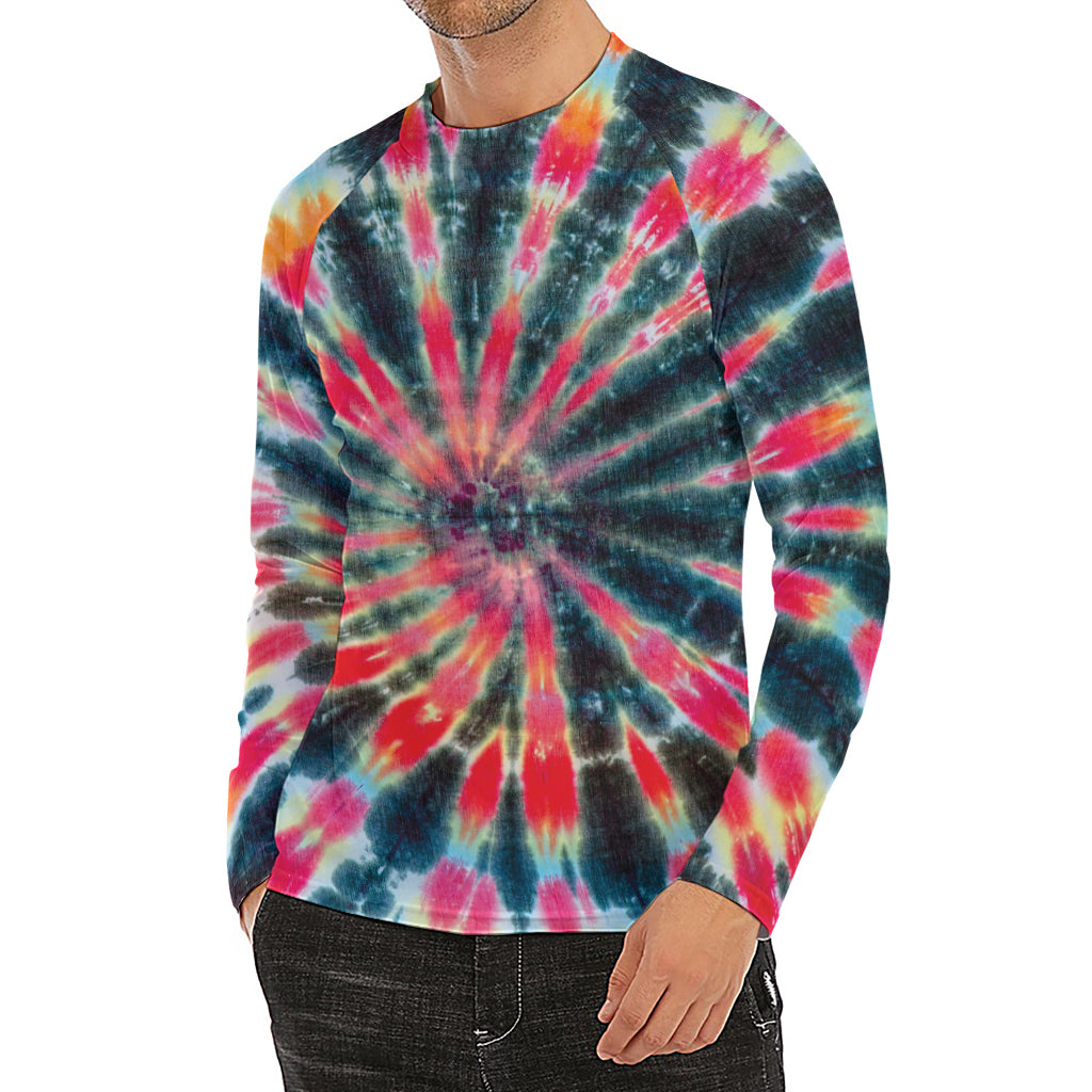 Black Backed Tie Dye Print Men's Long Sleeve Rash Guard