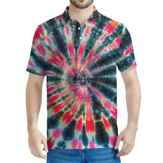 Black Backed Tie Dye Print Men's Polo Shirt