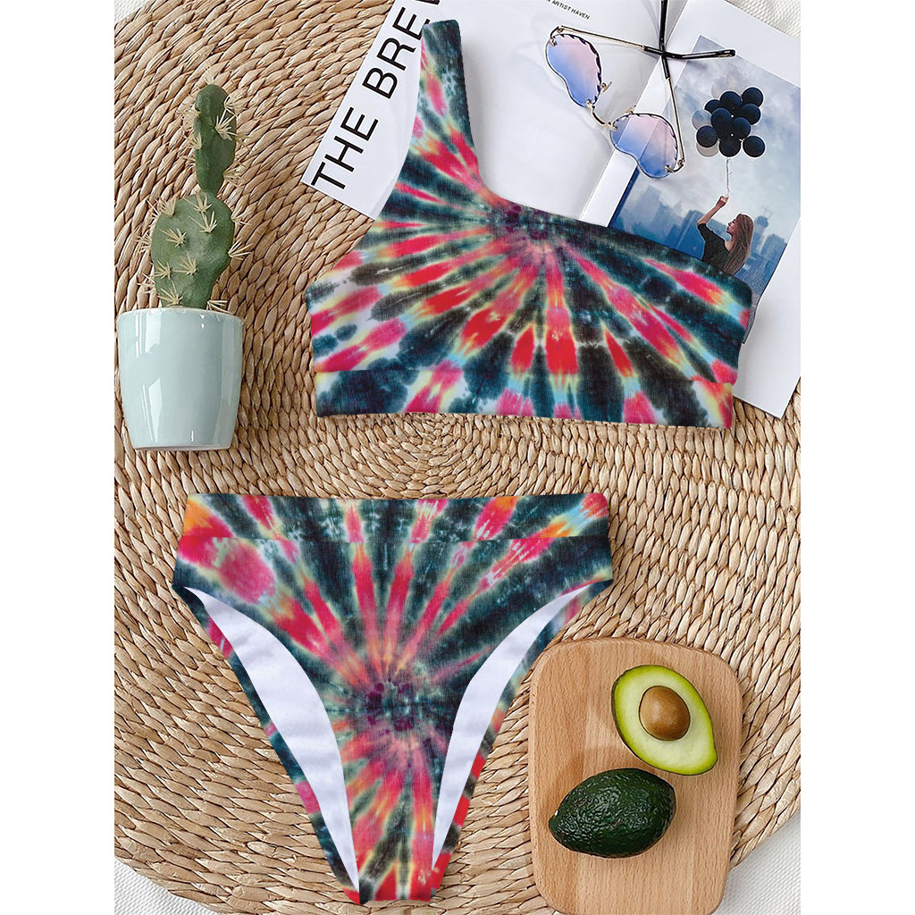 Black Backed Tie Dye Print One Shoulder Bikini Top