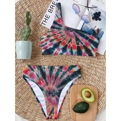 Black Backed Tie Dye Print One Shoulder Bikini Top