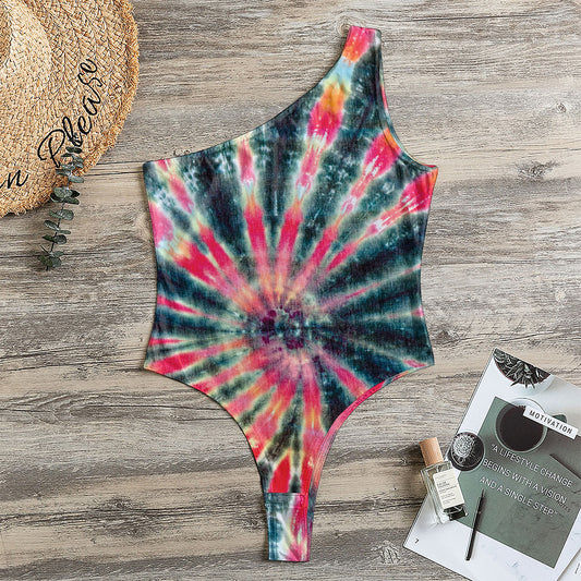 Black Backed Tie Dye Print One Shoulder Bodysuit
