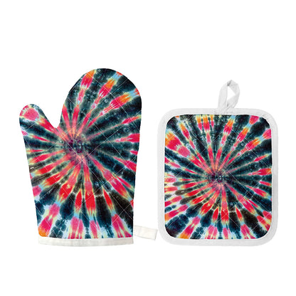 Black Backed Tie Dye Print Oven Mitt And Pot Holder Set