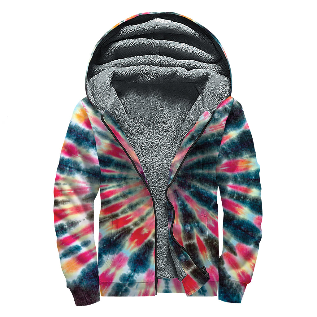 Black Backed Tie Dye Print Sherpa Lined Zip Up Hoodie