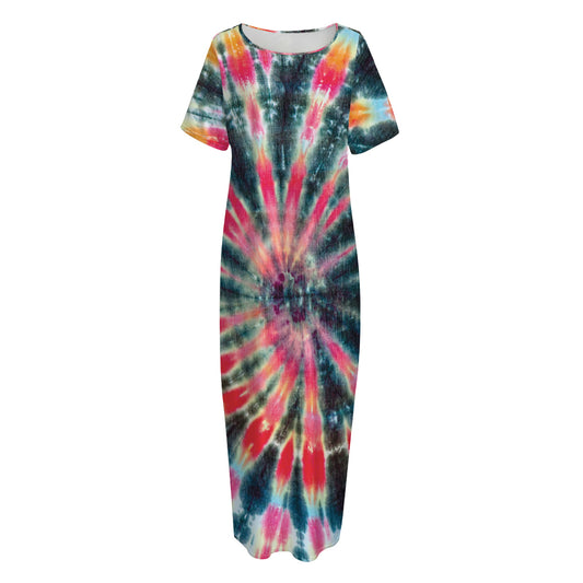 Black Backed Tie Dye Print Short Sleeve Long Nightdress