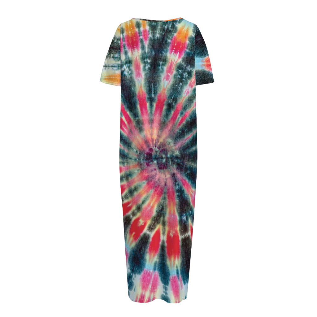 Black Backed Tie Dye Print Short Sleeve Long Nightdress