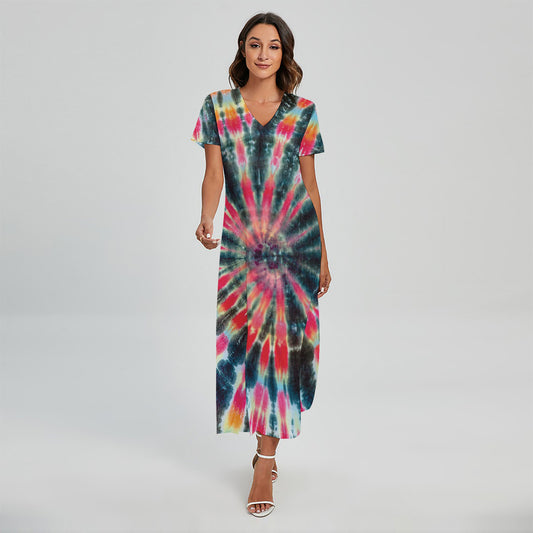 Black Backed Tie Dye Print Short Sleeve Maxi Dress